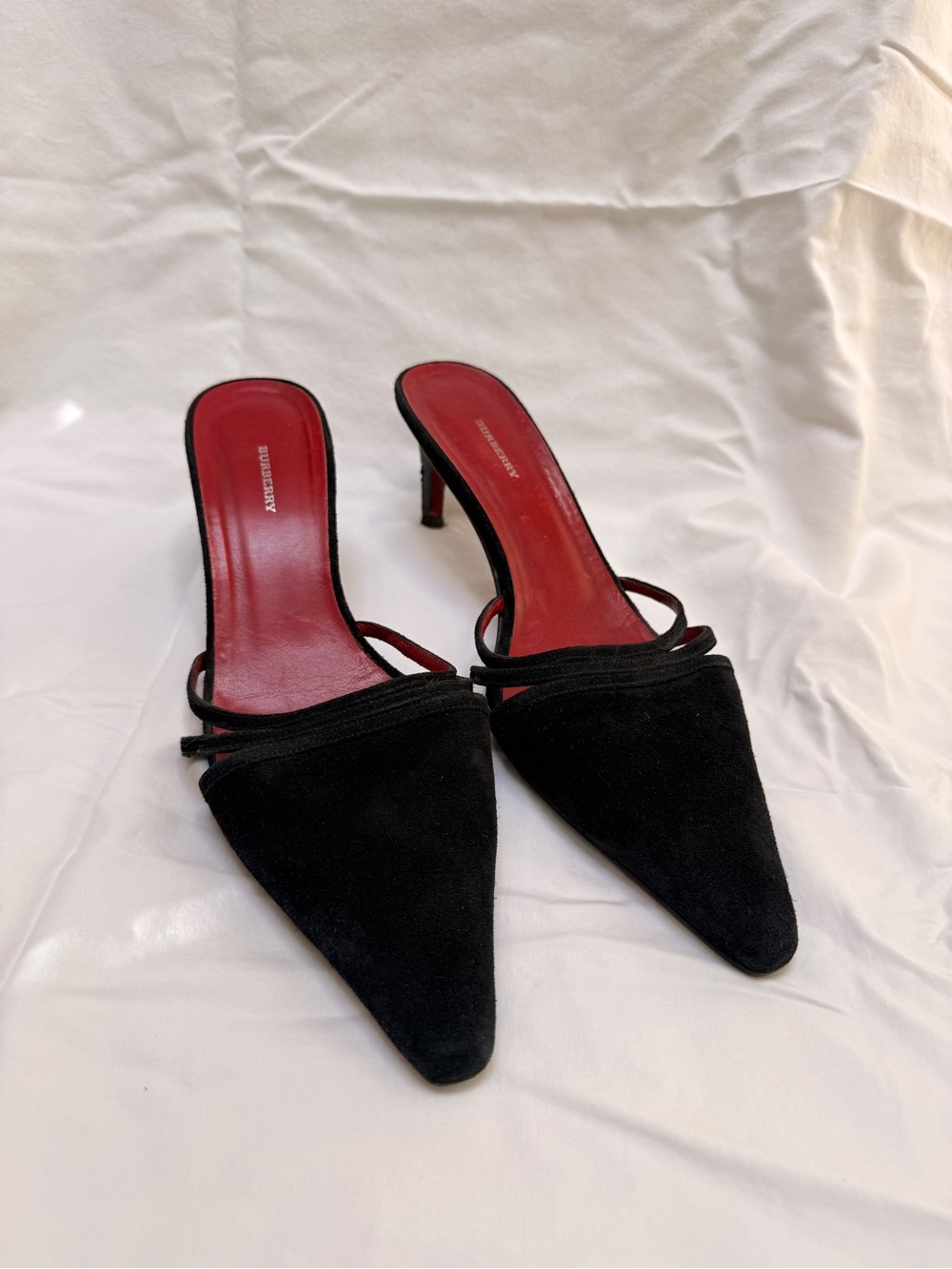 Burberry Black Suede Pointed Toe Mule Kitten Designer Heels with Red Sole